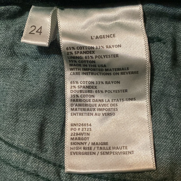 NEW L'AGENCE Margot High Rise Skinny Luxe Velvet Size 24 Retails $245 Evergreen - Picture 10 of 10